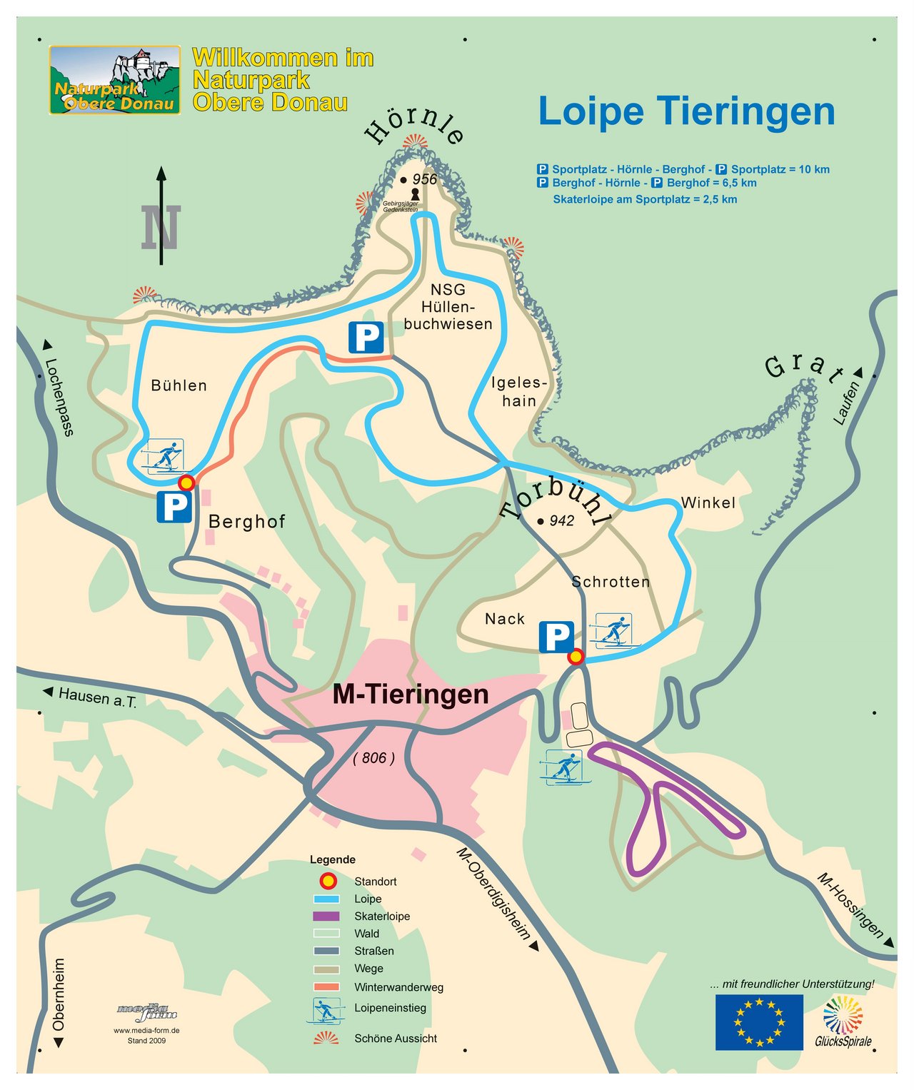 Darstellung der verschiedenen Loipen um Tieringen in der Kartenansicht