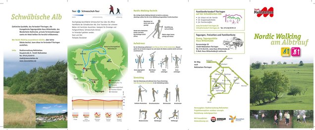 Flyer mit Infos zur Schneeschuh Tour und bebilderte Anleitungen zu Nordic Walking, Aufwärmen, Stretching und Anreise